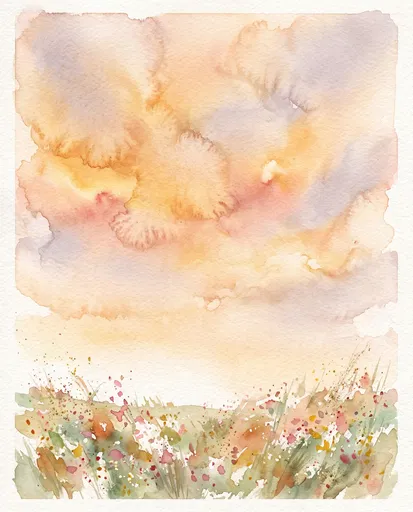 Watercolor Sunset Sky Over Wildflower Meadow