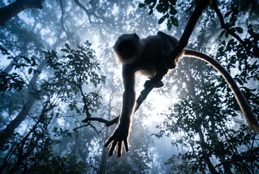 Silhouetted Langur Monkey Reaching Down in Forest