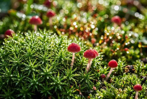 Red Mushrooms in Dewy Star Moss