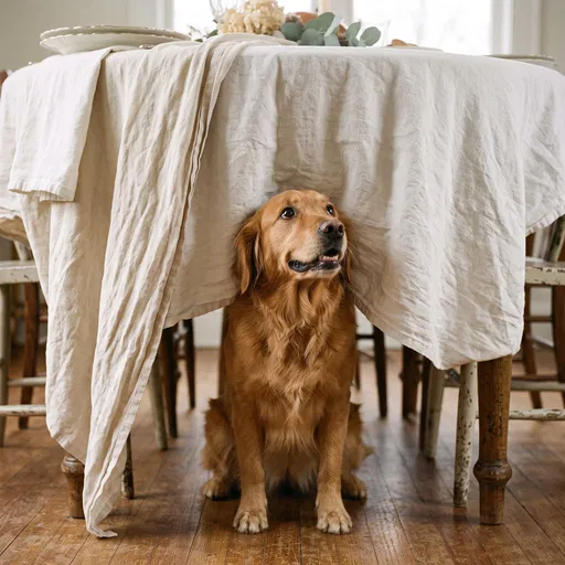Golden Retriever Under Linen Dining Table