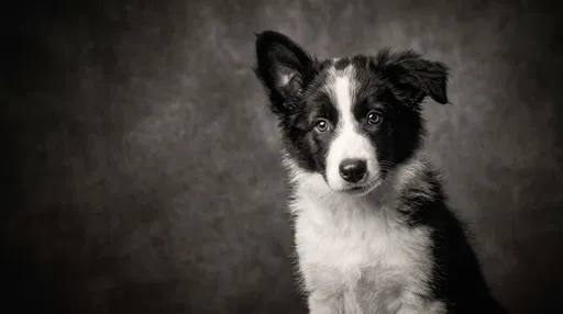 Monochrome Studio Portrait of Border Collie Puppy