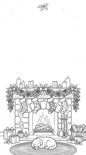 Christmas Fireplace and Puppy Coloring Page