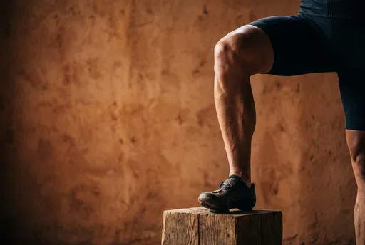 Muscular Cyclist Leg on Wooden Block