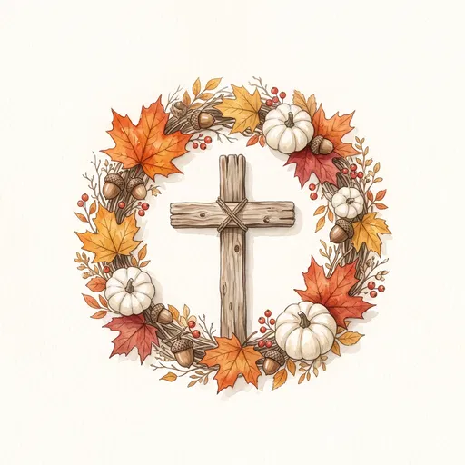 Watercolor Autumn Wreath With Wooden Cross