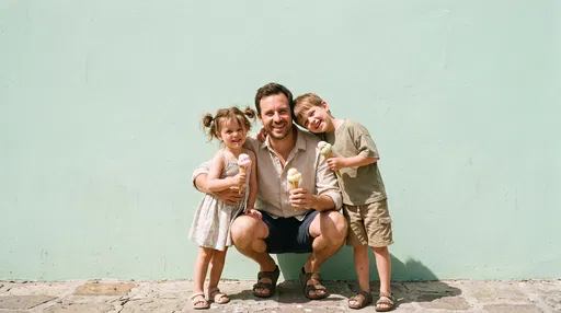 Father and Two Children Holding Ice Cream