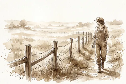 Sepia Illustration of Woman Walking by Fence