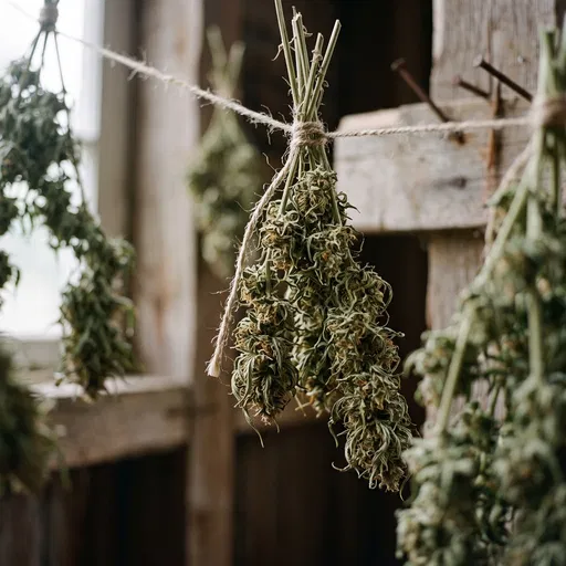 Harvested Cannabis Drying on Twine in Barn