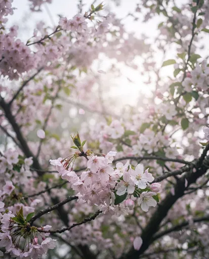 Dewy Spring Blossoms in Morning Mist