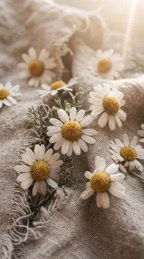 Chamomile Blossoms With Dewdrops on Linen