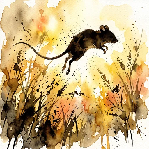 Watercolor Jumping Mouse Over Meadow Grass