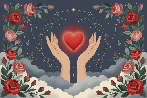Hands Cradling Glowing Heart and Roses