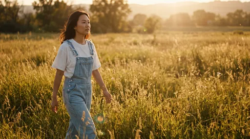 Woman Walking Through Golden Hour Meadow