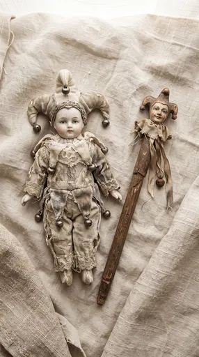 Antique Porcelain Jester Doll and Wooden Scepter