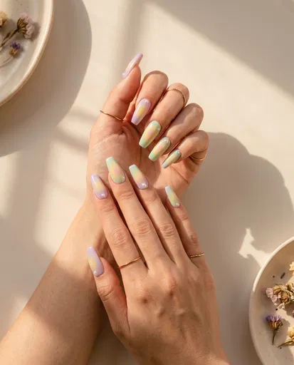 Hands With Pastel Aura Coffin Nails