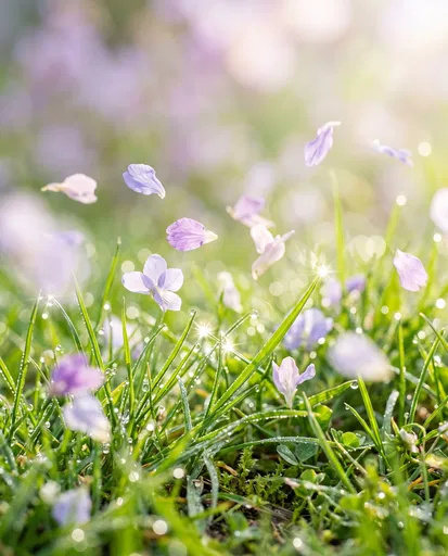 Dewy Spring Grass With Floating Lilac Petals