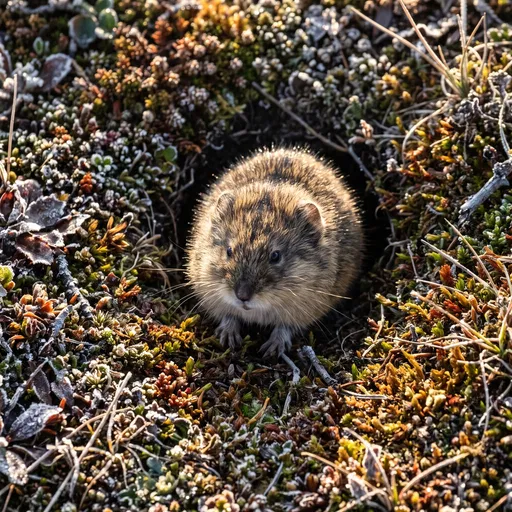 Brown Lemming Emerging From Tundra Burrow