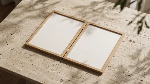 Blank Wooden Diptych Frame on Stone Table