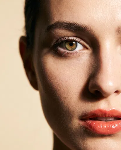 Macro Portrait with Glossy Coral Lips