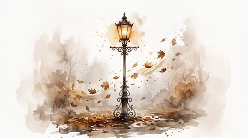 Watercolor Vintage Street Lamp in Autumn
