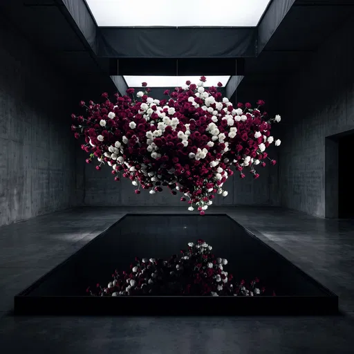 Suspended Rose Cloud Over Reflective Pool