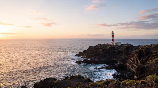 Lighthouse on Volcanic Cliffs at Sunset
