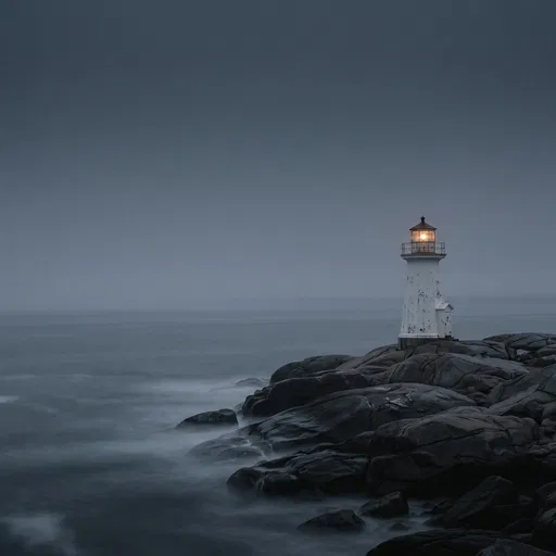 Glowing Lighthouse on Misty Rocky Coast