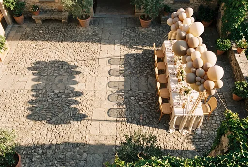 Aerial View of Courtyard Banquet with Balloons