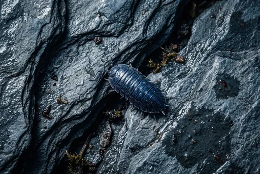 Blue Woodlouse on Wet Slate Rock