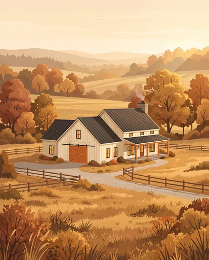 Modern Farmhouse in Autumn Meadow Illustration