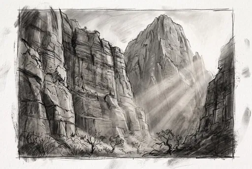 Charcoal Sketch of Canyon and Peak