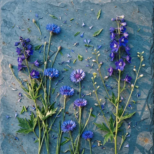 Blue Cornflowers and Delphiniums on Slate