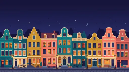 Colorful European Townhouses at Night Illustration