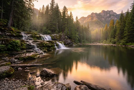 Cascading Forest Waterfall at Sunset