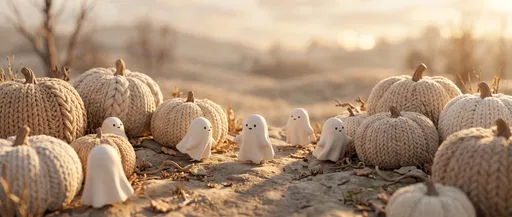 Cute Clay Ghosts Among Knitted Pumpkins