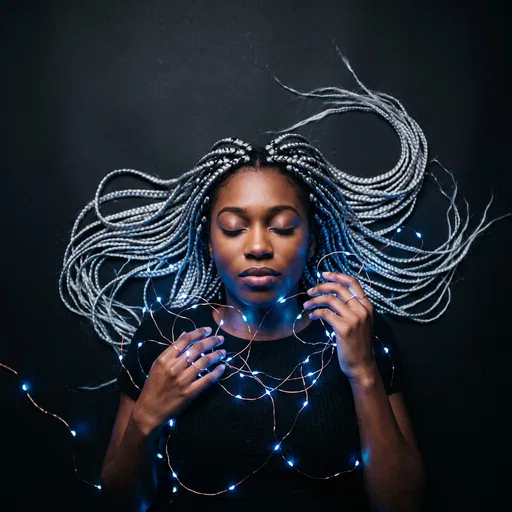 Woman With Silver Braids and Blue Lights