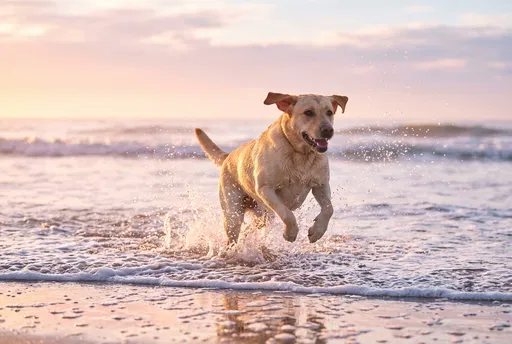 Yellow Labrador Running in Ocean Surf