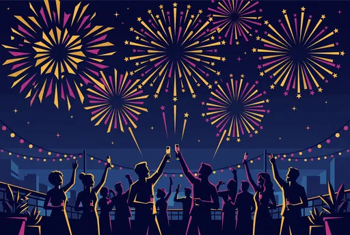 Rooftop Party Silhouettes Under Fireworks