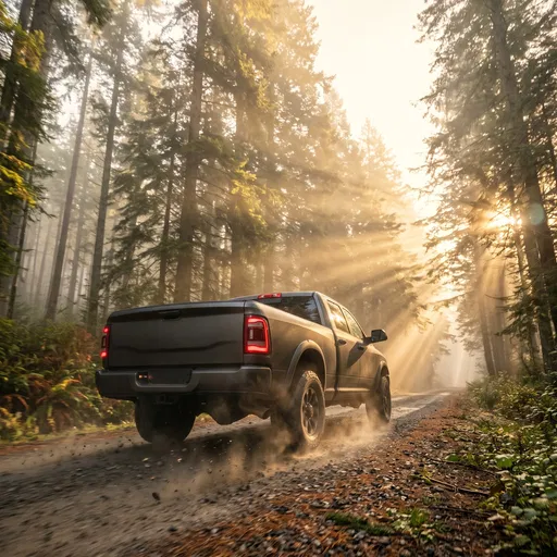 Pickup Truck Driving Through Misty Forest