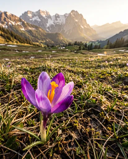 Purple Crocus in Alpine Meadow at Sunrise