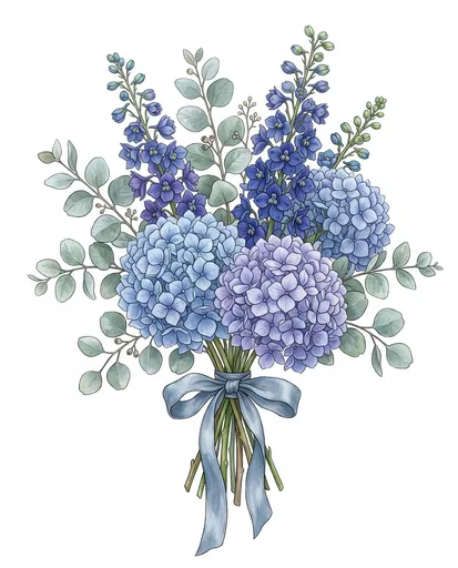 Blue Hydrangea and Delphinium Bouquet Illustration