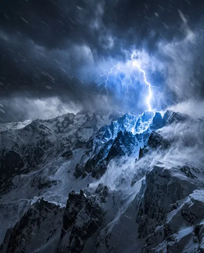Blue Lightning Strike Over Snowy Mountains