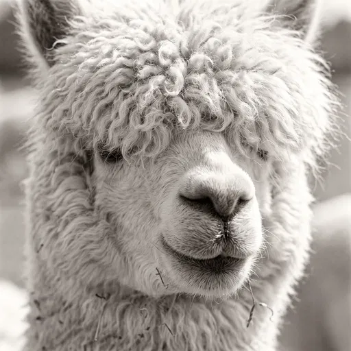 Monochrome Close-Up Portrait of Fluffy Alpaca