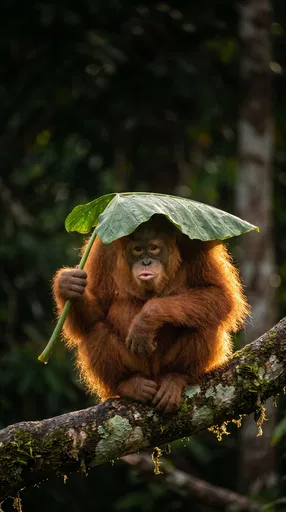 Young Orangutan Holding Leaf Umbrella on Branch