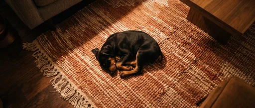 Sleeping Doberman Puppy on Woven Rug