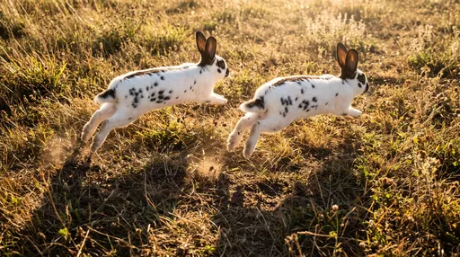 Spotted Rabbits Leaping Across Sunlit Meadow