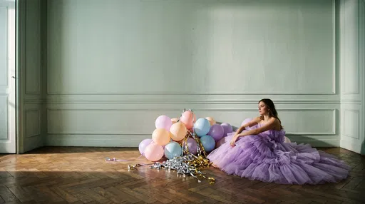 Woman in Lavender Dress Beside Pastel Balloons