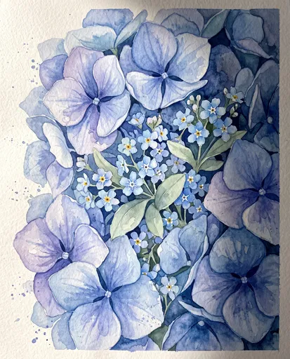 Watercolor Blue Hydrangeas and Forget-Me-Nots