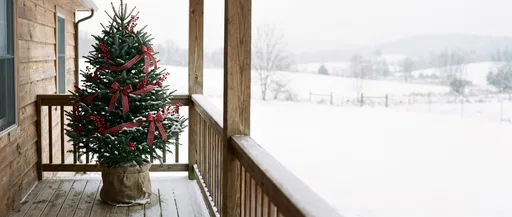Decorated Christmas Tree on Snowy Porch