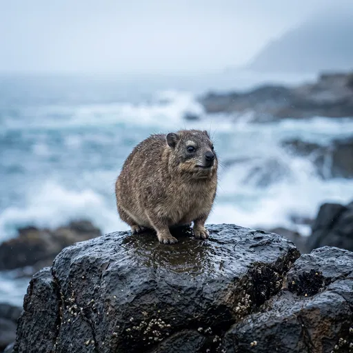 Rock Hyrax on Wet Coastal Boulder