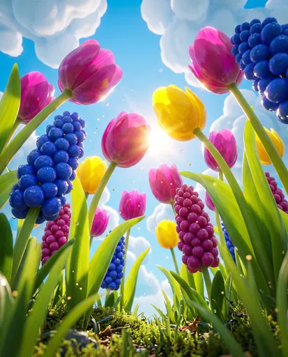 Low Angle Stylized Spring Tulips and Hyacinths